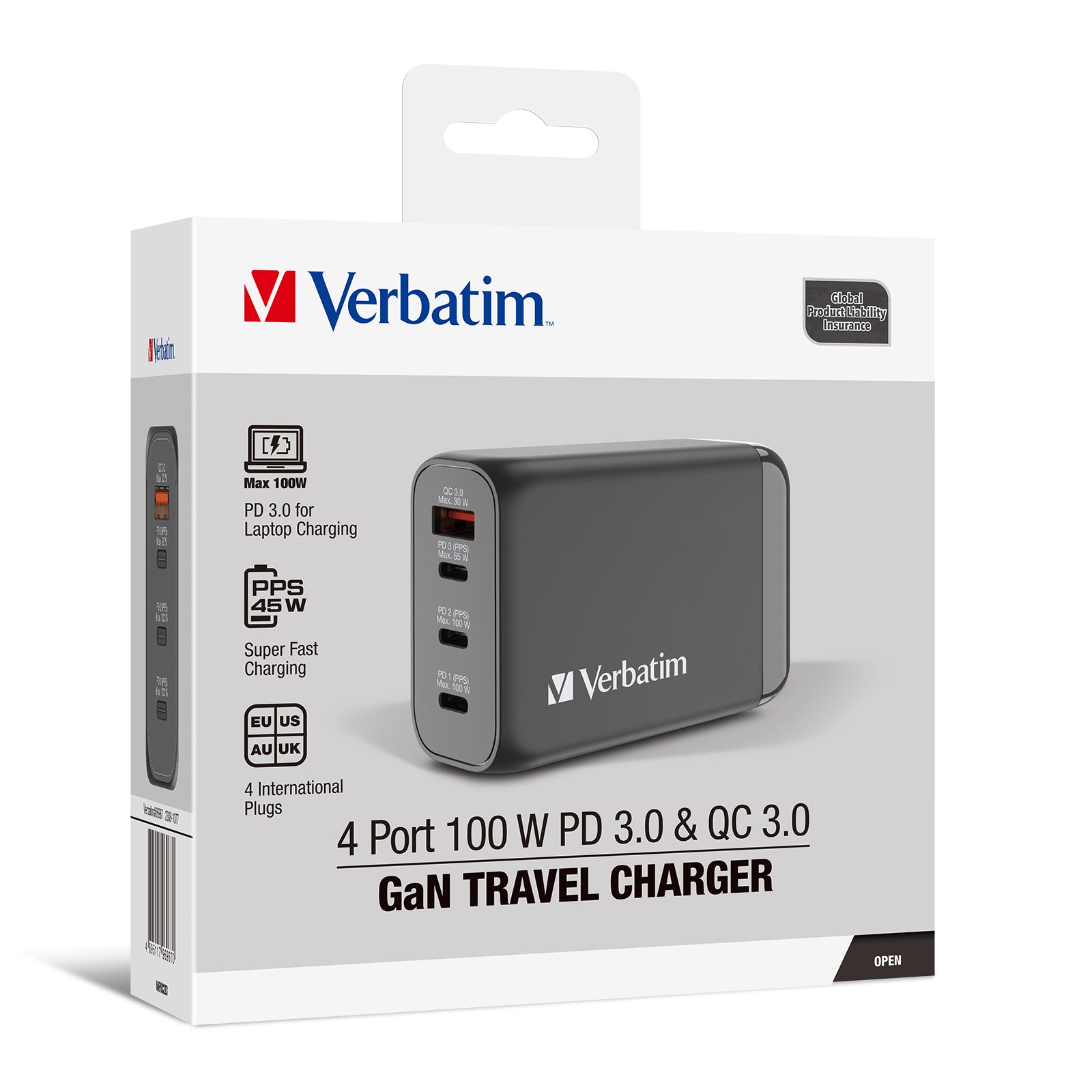 Verbatim 4 Port 100W PD 3.0 & QC 3.0 GaN Travel Charger