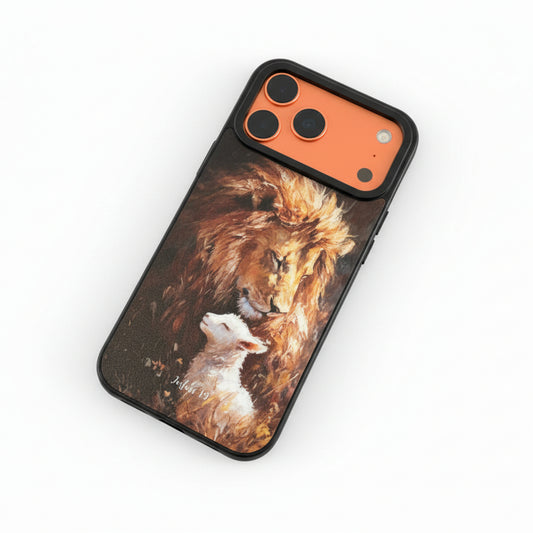 Joshua 1:9 iPhone case with a lion and lamb design